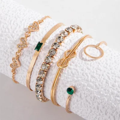 5 pcs Green Heart Gemstone Bangle Bracelet Set 